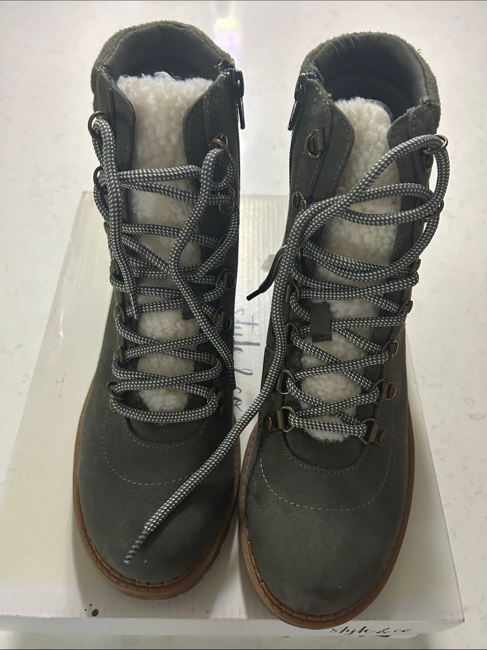 Style & Co. Gray Lace-Up Sherpa-Trim Winter Boots